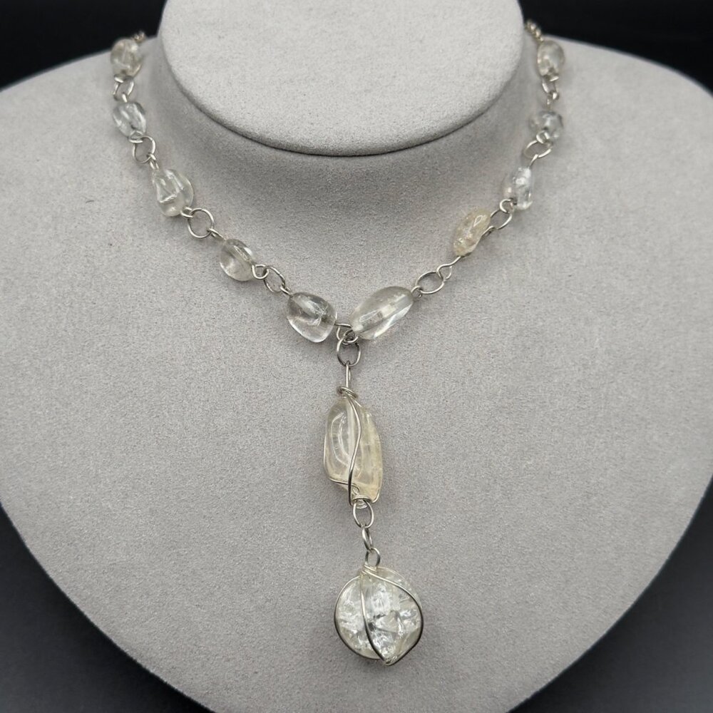 Handcrafted Silver Tone Wire Wrapped Clear Stones Pendant Necklace